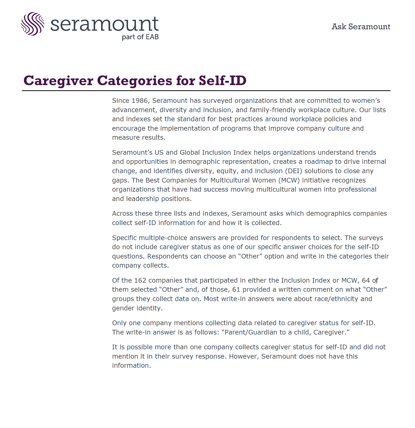 Caregiver Categories for Self-ID