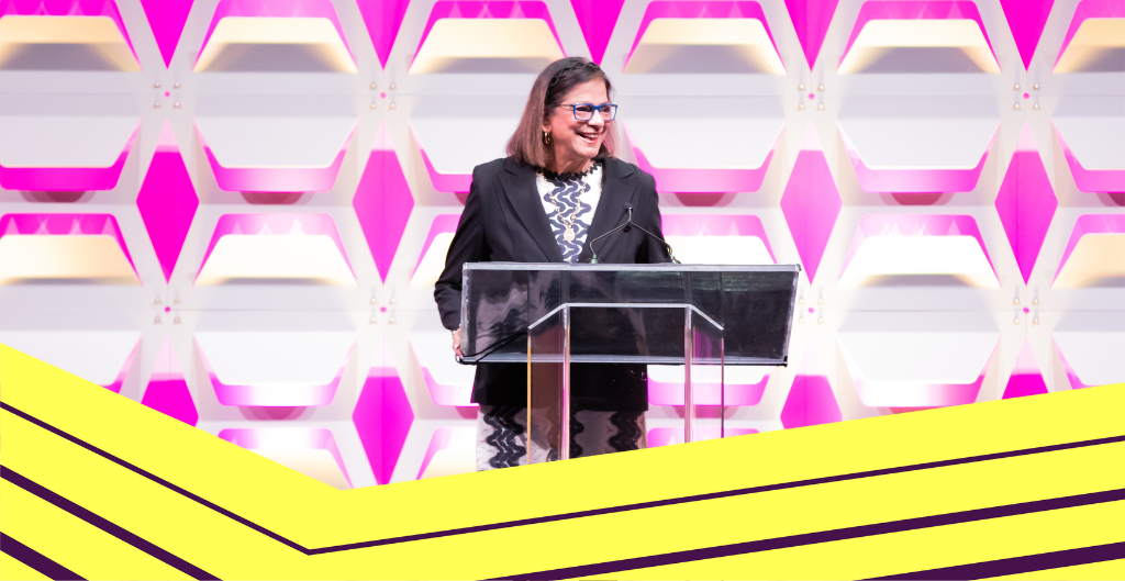 Subha Barry at a podium